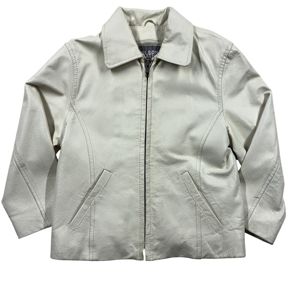 Wilsons Leather Jacket Kids XS Off White Full Zip Bomber Moto Biker Youth Casual